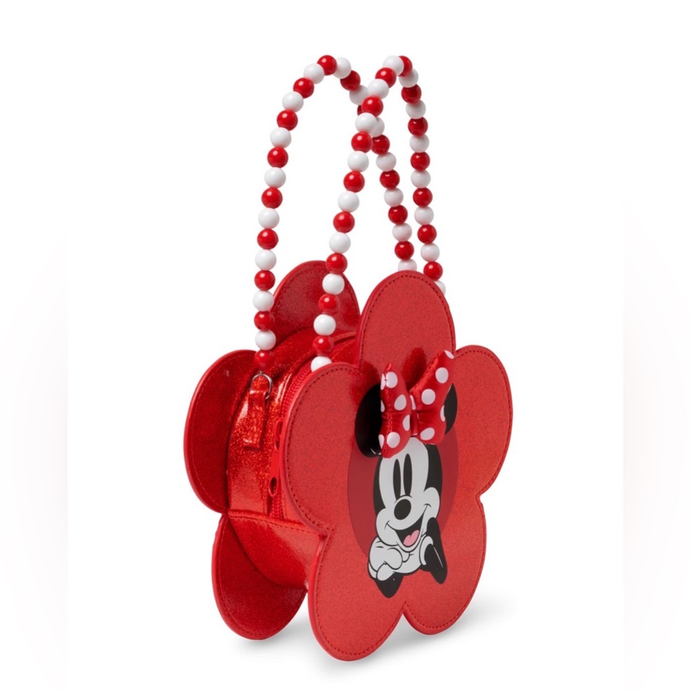 Disney Store Minnie Mouse Red Glitter Flower Purse | Beaded Handle Crossbody Bag - Picture 3 of 10